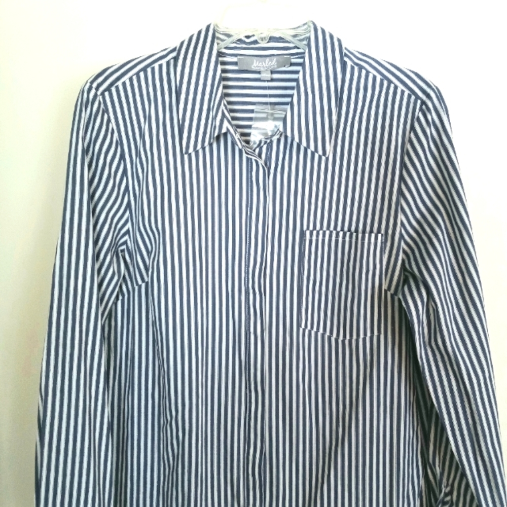 Marled bold blue & white striped button down long sleeve women's tunic L…